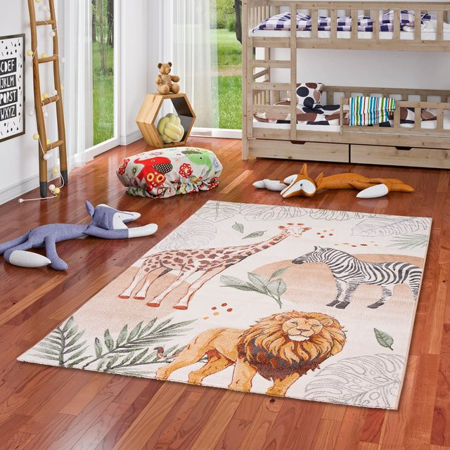 Pergamon Kinderteppich Maui mit Tierdesign Giraffe Zebra Löwe, handgetuftet, Multicolour - Bild 1