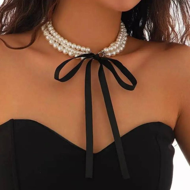 PuRui Halskette, Multilayer, Perle, Schwarz, Samt, Damen - Bild 1