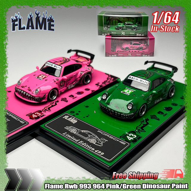 Bburago Miniatur Druckguss Auto Modell 1:64 Rwb 993 964 Dinosaurier Design in Rosa und Grün - Bild 1