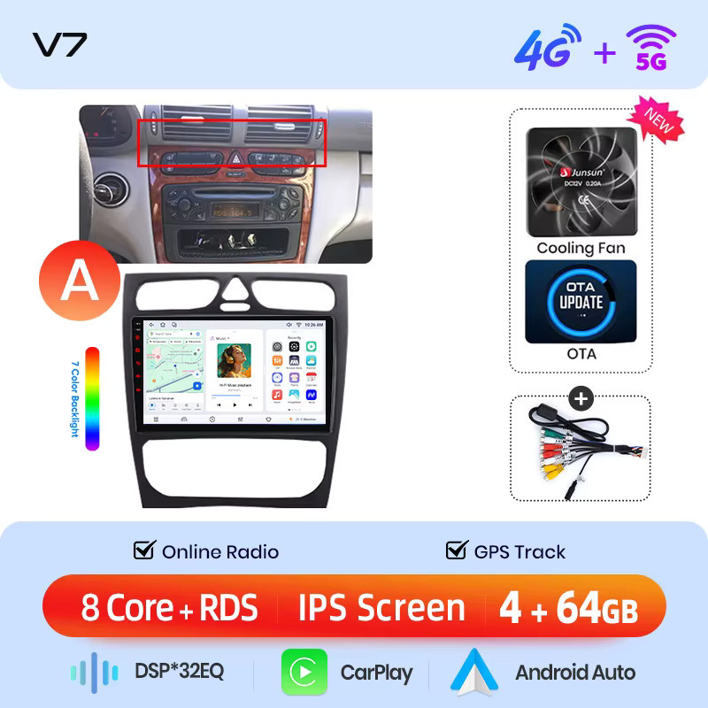 Junsun Wireless CarPlay und Android Auto Autoradio für Mercedes-Benz C-Klasse W203 und CLK-Klasse C209/A209, Multimedia-Player mit GPS-Navigation, Wi-Fi und DSP, Schwarz - Bild 5