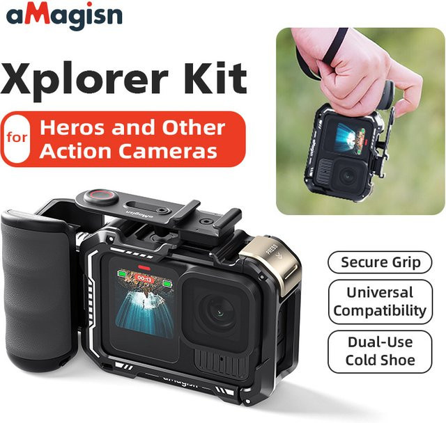 aMagisn Xplorer Grip Kit Combo für GoPro Hero 13 in Schwarz mit Metallrahmen und Kunststoff-Metall-Schnellspanner Zubehör - Bild 1