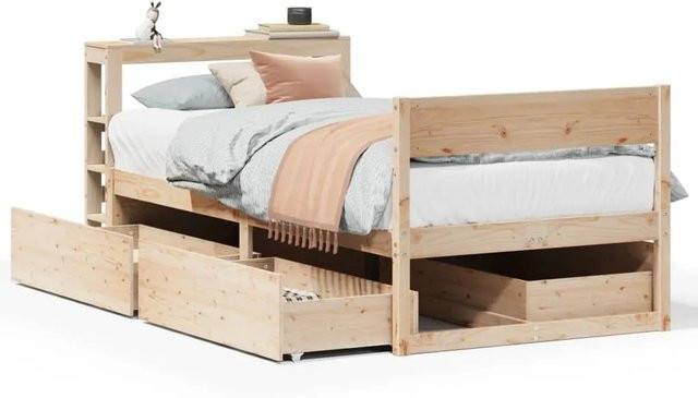 vidaXL Massivholz Bettgestell aus Kiefer in Braun mit Nachttischregal und Schubladen, B/T/H: 75 x 190 cm - Bild 1