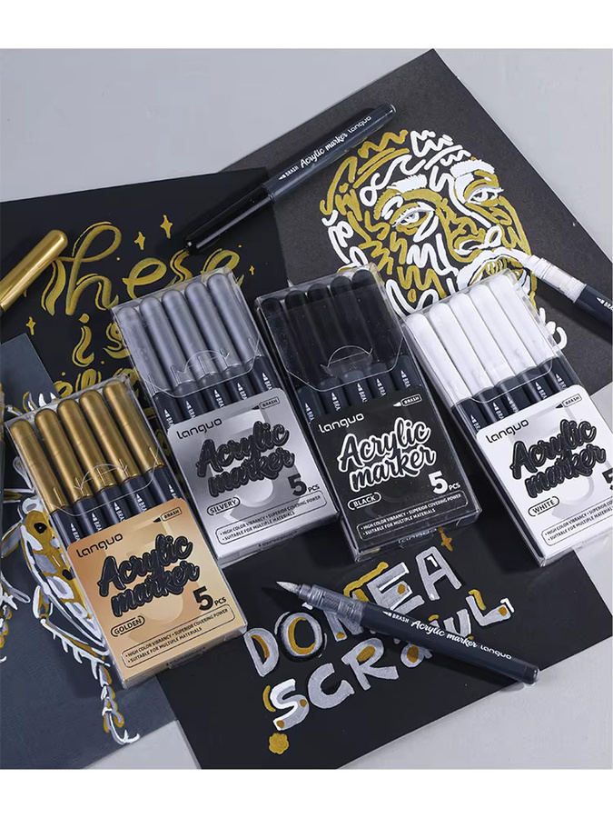 Haile 5er Set Hochglanz Flüssig-Acryl Permanentmarker in Schwarz, Weiß, Gold und Silber, wasserfeste Brush-Stifte für DIY-Handwerk und Malerei - Bild 7