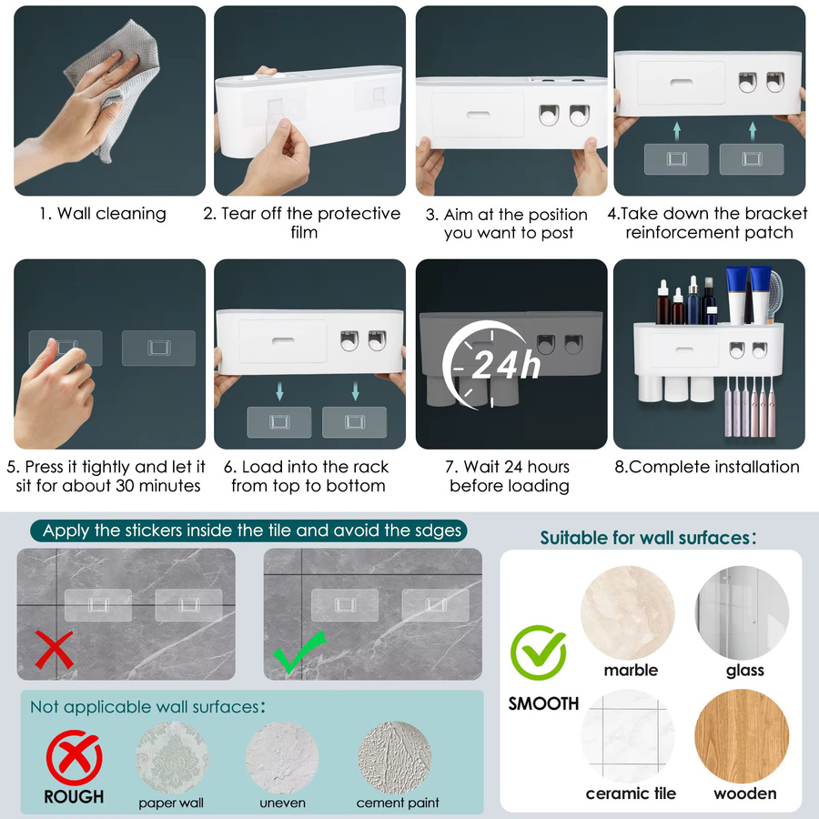 Willstar Zahnbürstenhalter zur Wandmontage mit Bechern und automatischem Zahnpastaspender, Organizer für das Badezimmer in Grau oder Weiß - Bild 5