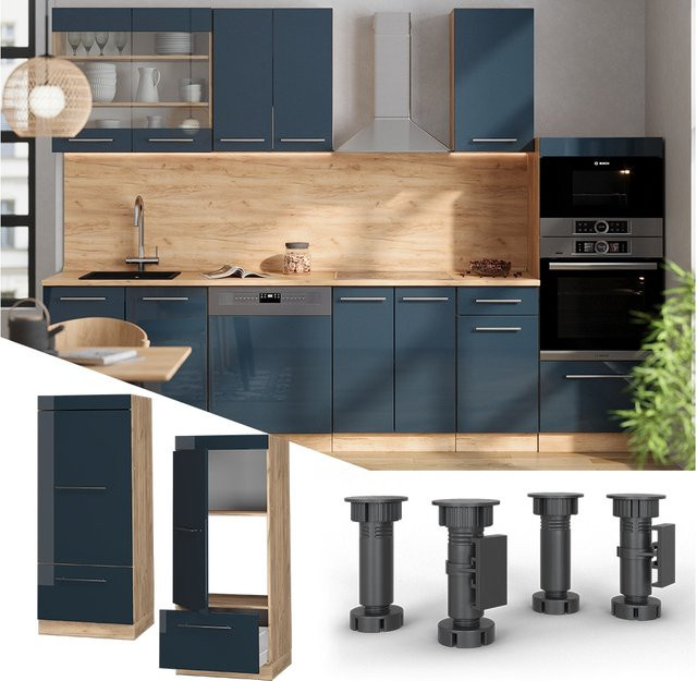 Vicco Mikrowellenschrank Fame-Line in Eiche und Dunkelblau Hochglanz mit Schublade und Soft-Close-Türen, Breite: 60 cm - Bild 1