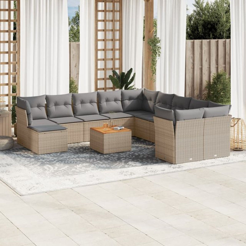 Vidaxl Gartenmöbel-Set mit 12 Teilen und Kissen aus Rattan und Holz in Beige und Grau im modernen Design - Bild 1