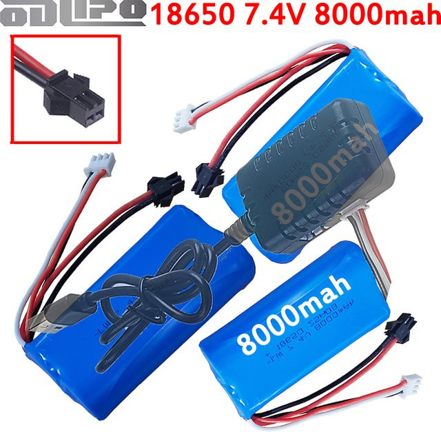 GAOLAG Li-Ion Akku Set 7,4V 8000mAh mit USB-Ladegerät in Blau für WPL MN99S D90 U12A S033g H101 RC Autos, 2S 18650 mit SM-2P Stecker - Bild 1