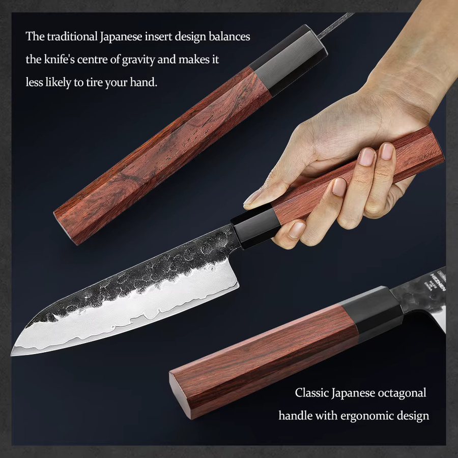 Hezhen Santoku Messer aus 3-lagigem Verbundstahl mit rotem Holzgriff, 13,97 cm - Bild 3