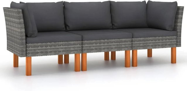vidaXL 3-Sitzer-Gartensofa aus Poly Rattan und Eukalyptusholz in Grau mit Polsterkissen - Bild 1