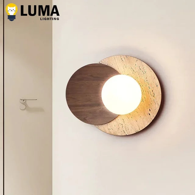 MOSA ZX Luma Wabi-Sabi Wandlampe aus Travertinstein und Holz in Gelb und Beige, runde Leuchte für Esszimmer, Flur, Schlafzimmer oder Treppenaufgänge - Bild 1