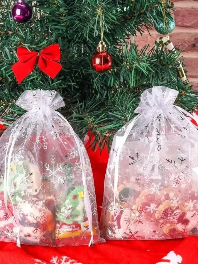 Rote Organza Geschenkbeutel mit Schneeflocken-Print und Kordelzug für Weihnachten und Partys - Bild 4