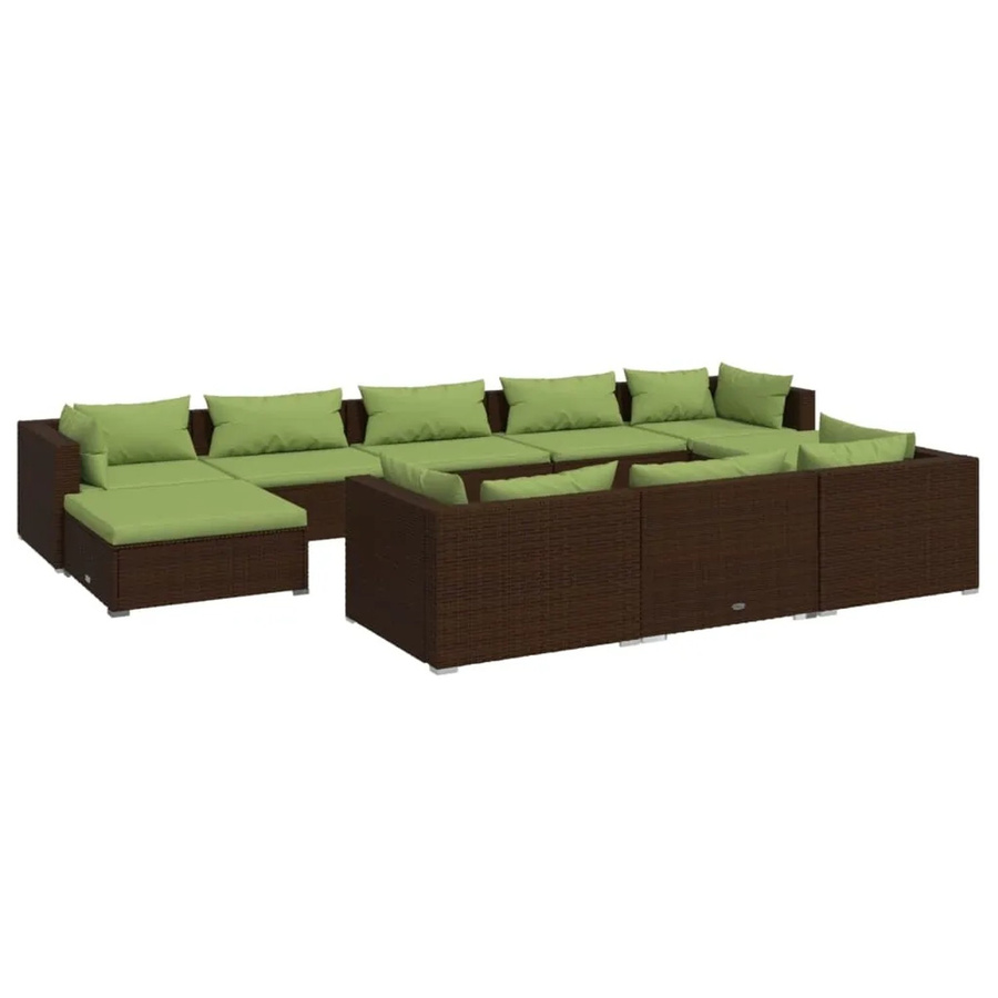 vidaXL 10-tlg. Garten-Lounge-Set in L-Form mit Kissen, Braun und Grün, Poly-Rattan und Metallgestell - Bild 2