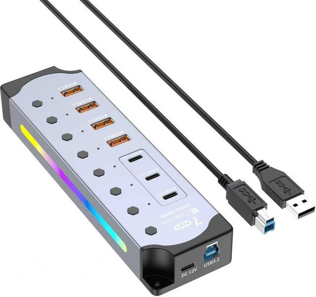 MOSHOU 7-Port USB 3.2 Hub mit USB-A und USB-C Ports, 10 Gbit/s Datenübertragung, Einzel-Schalter, Grau - Bild 1
