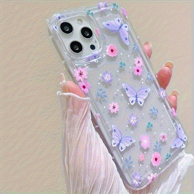 Transparente TPU-Handyhülle mit rosa und lila Blumen-Schmetterlingsmuster für iPhone 17 Pro Max, 16, 15, 14, 13, 12, 11, Xs, Xr, X, 7, 8 und Mini Plus Pro Max mit Anti-Drop-Schutz - Bild 1