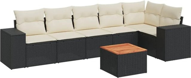 vidaXL 7-tlg Garten-Sofagarnitur in L-Form aus Polyrattan und Akazienholz mit Kissen, Schwarz - Bild 1