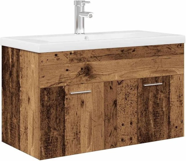 vidaXL Waschbeckenunterschrank mit Einbaubecken und Wasserhahn aus Altholz in Braun, B/T/H: 80,0 x 46,0 x 38,5 cm - Bild 1