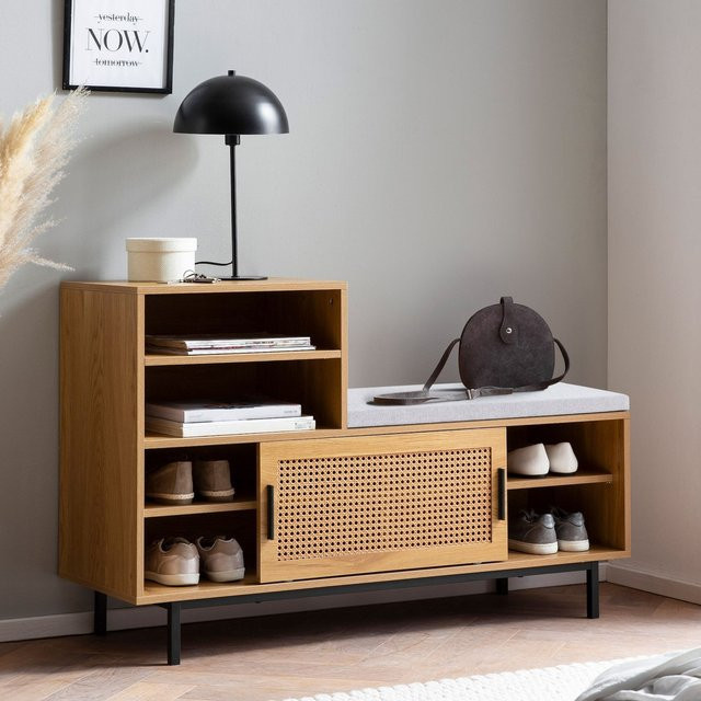 Schuhbank FineBuy Garderobe mit Sitzbank und Schuhregal aus Eiche mit Wiener Geflecht und grauem Stoffbezug, Breite: 120 cm - Bild 1