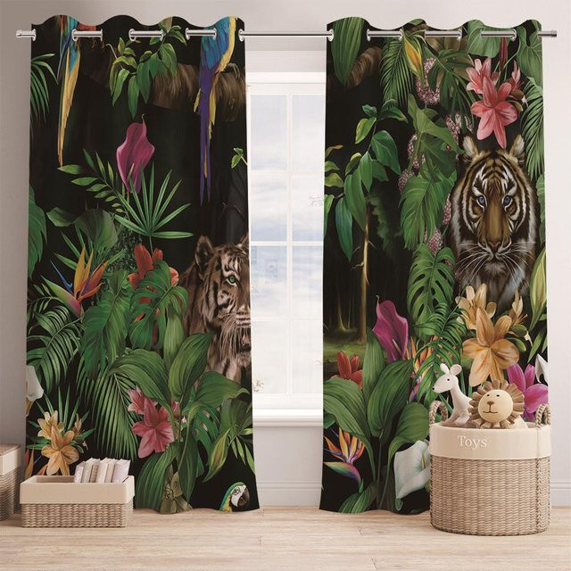 Dschungeltierwelt Vorhänge mit niedlichem Tiger-Cartoon-Druck, 2er-Set, halbtransparent, Mehrfarbig, B: 85 cm, H: 200 cm - Bild 1