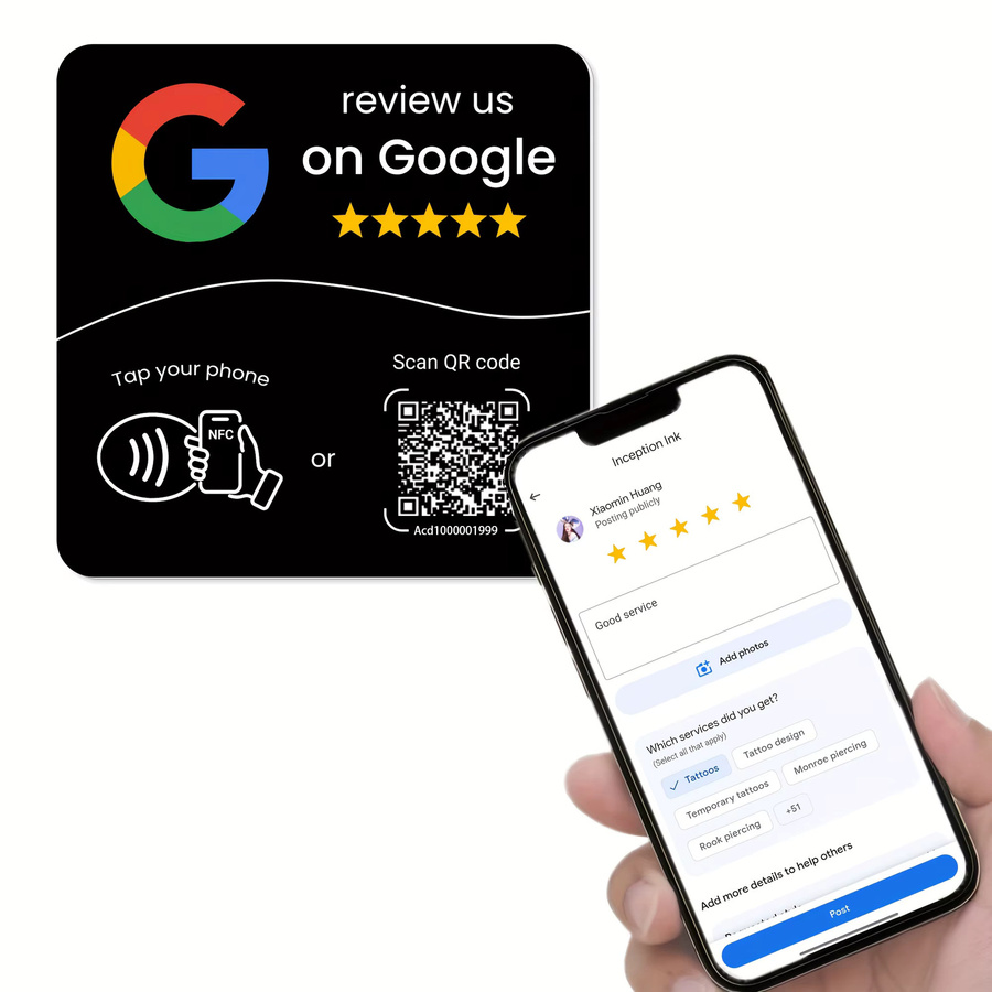HACHANLUN Programmierbare NFC 215 Stationstisch Karte für Google Reviews und QR-Codes, stehende Markenhalterung, Weiß und Blau - Bild 3