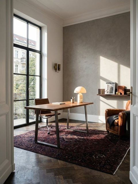 Schreibtisch aus Massivholz Akazie mit Baumkante und Trapezgestell von KADIMA DESIGN, Braun, B/T/H: 120 x 60 x 76 cm - Bild 1