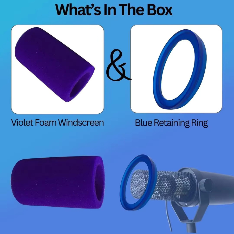 Okrinos Mikrofon-Windschutz aus Schaumstoff in Violett mit blauem und mehrfarbigem Haltering für SM7B und SM7dB Mikrofone - Bild 4