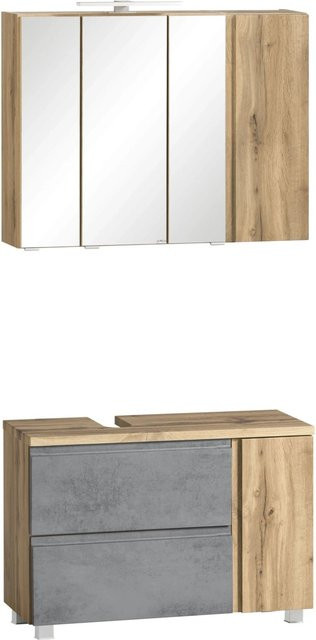 Held Möbel Ancona 2-tlg Badezimmer-Set mit Unterbecken-Schrank und Spiegelschrank in Betongrau-Wotaneiche, Breite: 85 cm - Bild 1