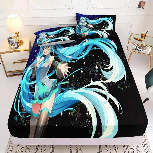 Binchi Fitness Hatsune Miku Bettwäsche-Set mit Bettbezug und Kissenbezug in Blau, 3D Anime Design, Microfaser - Bild 1
