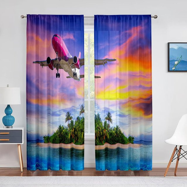 Transparenter Tüllvorhang Super Six mit Flugzeug-Motiv und Wolken in Blau und Multicolour, Breite: 100 cm, Höhe: 250 cm - Bild 1