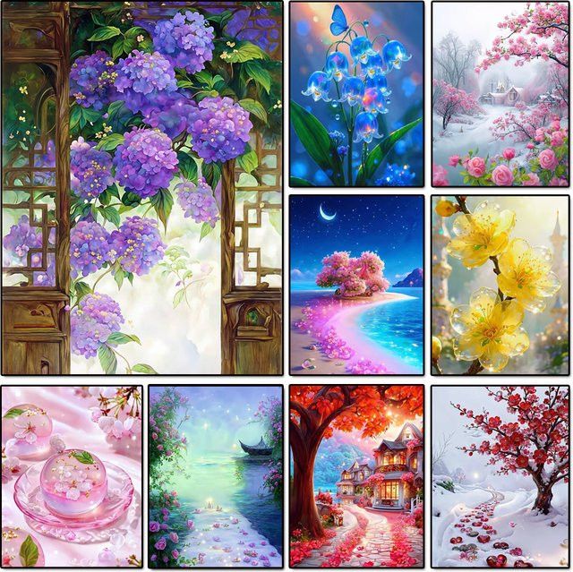 NUOYING 5D Diamantmalerei DIY Bastelset mit floraler Fantasie-Landschaft und Blumen als Mosaik-Stickerei in Full Round Ausführung - Bild 1