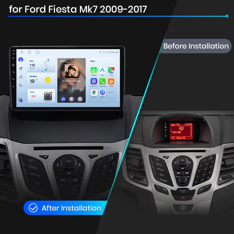 Junsun Wireless CarPlay und Android Auto Autoradio für Ford Fiesta Mk7 (JA8/JR8) 2008-2017 mit GPS, WiFi, Bluetooth, DSP, RDS und IPS-Touchscreen in Schwarz - Bild 2