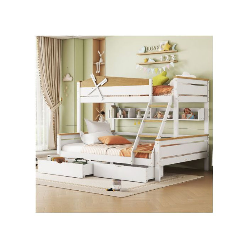 MUVOE Etagenbett Windmühle für Kinder in Weiß und Natur aus Massivholz mit Hausrahmen und Schubladen - Bild 2