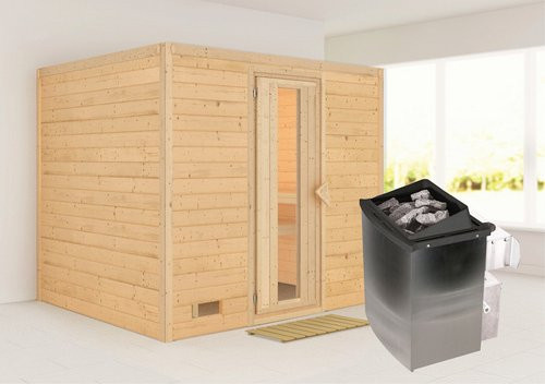 Karibu Sauna Paldiski aus Fichtenholz mit 9 kW Saunaofen und integrierter Steuerung für 4 Personen, beige - Bild 1