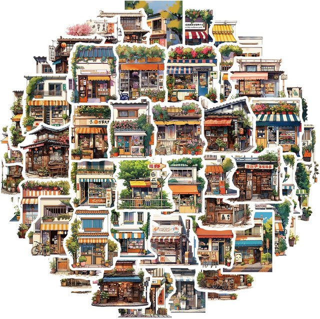 55 Stück BulingBulingStickers Wasserdichte Retro Street Side Shop Landschaft Dekoration Aufkleber Multicolour - Bild 1
