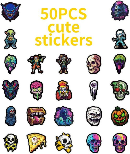50 Stück Bunte Totenkopf und Geistergesicht Graffiti-Aufkleber von RecordingYourLife Store in Weiß und Multicolour zur kreativen Halloween-Dekoration - Bild 1