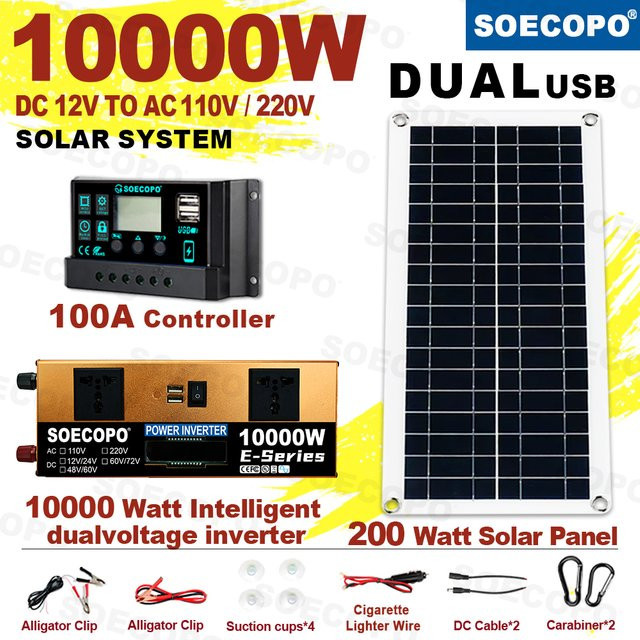 soecopo 10000 W Solarsystem-Komplettset mit 200 W Panel, 100 A Controller und Wechselrichter für 110 V/220 V, Off-Grid für Heim und Camping - Bild 1