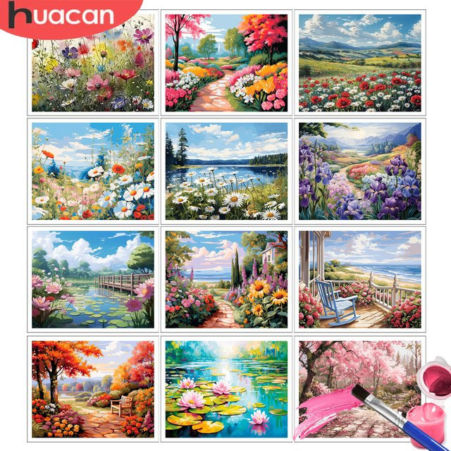 HUACAN Malen nach Zahlen Set Gänseblümchen Feldlandschaft DIY Kunstset in Mehrfarbig - Bild 1