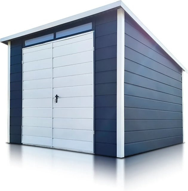 Liderstal Gerätehaus Basic aus Blech mit Pultdach in Graphit und weißem zweiflügeligem Tor, B/T: 300 x 300 cm - Bild 1