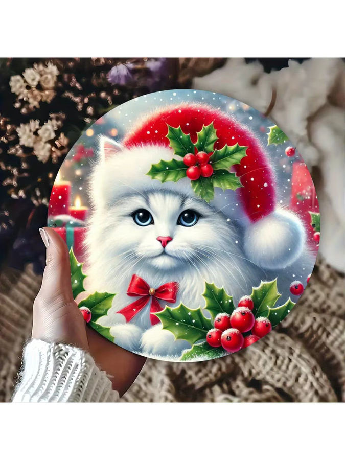 Rundes Weihnachtsschild aus Metall von Potdemiel mit Katze und Stechpalme in Weiß, Vintage-Wanddekoration, Durchmesser: 20 cm - Bild 6