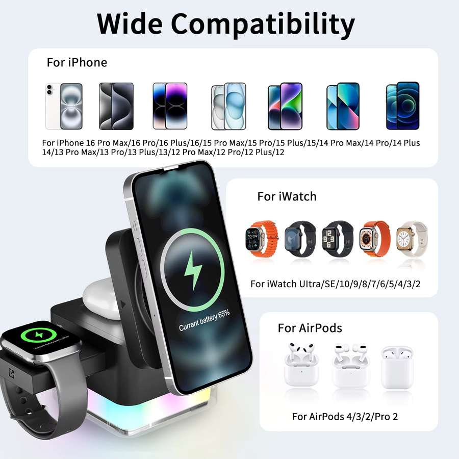 VEERNOO 3-in-1 Magnetisches Kabelloses Ladegerät Faltbar in Schwarz mit 15W Schnellladefunktion und Nachtlicht für iPhone, Apple Watch und AirPods - Bild 6
