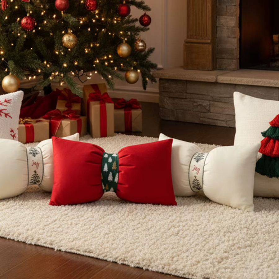 BUYNOW Samt-Kissenbezug mit Schleife in Weihnachtsdesign, Weiß, Rot und Grün - Bild 3