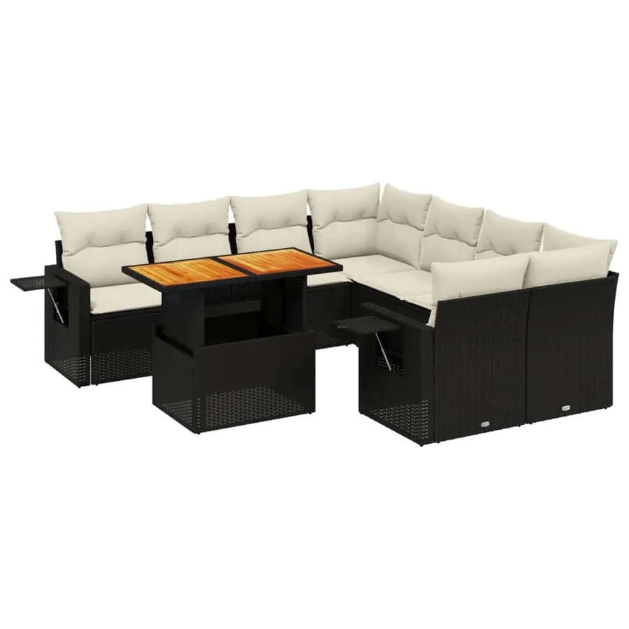 vidaXL 9-tlg. Garten-Sofagarnitur in L-Form aus Polyrattan und Akazienholz mit Kissen, Schwarz und Cremeweiß - Bild 2