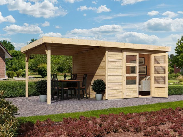 KARIBU Gartenhaus Trundholm 2 mit Boden und Anbauschleppdach, braun - Bild 1