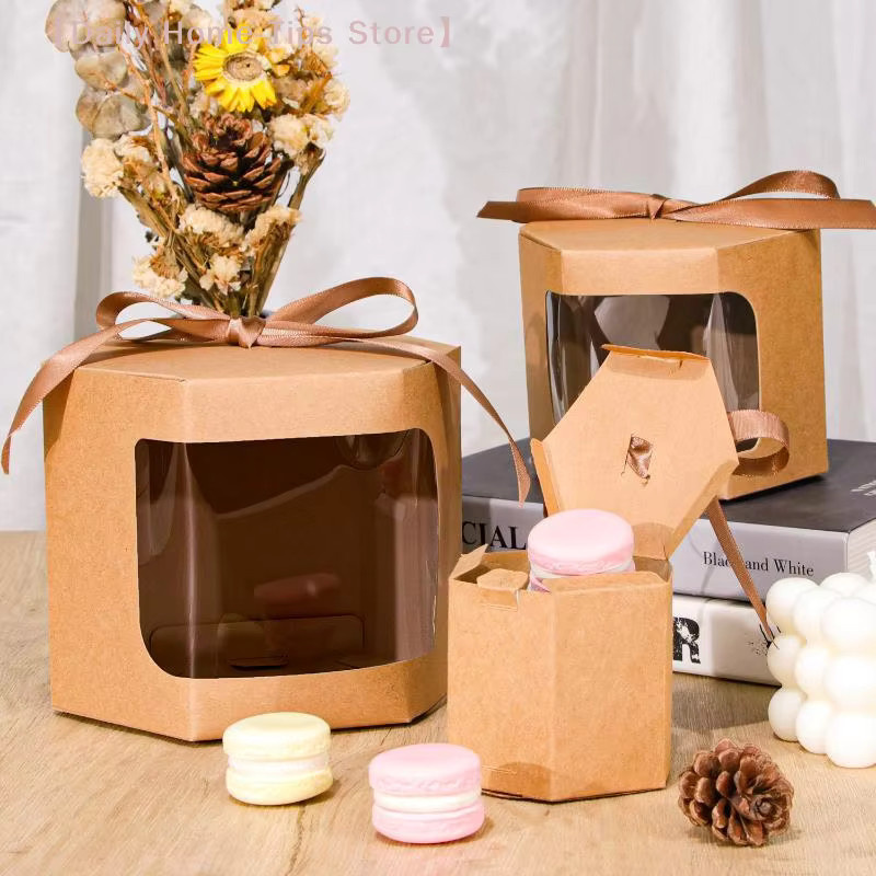 10 Stück sechseckige Kuchenbox-Verpackungen aus Papier mit transparentem PVC-Fenster in Braun für Süßigkeiten und Geburtstagsgeschenke - Bild 3