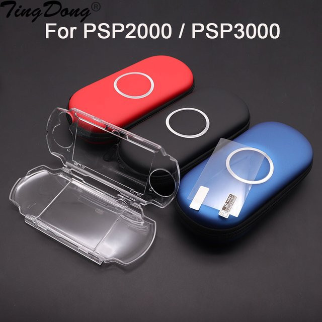 TingDong Schutzset für PSP2000 und PSP3000 mit transparenter Kristallhülle, harter EVA-Reisetasche und Schutzfolie in Schwarz und Transparent - Bild 1