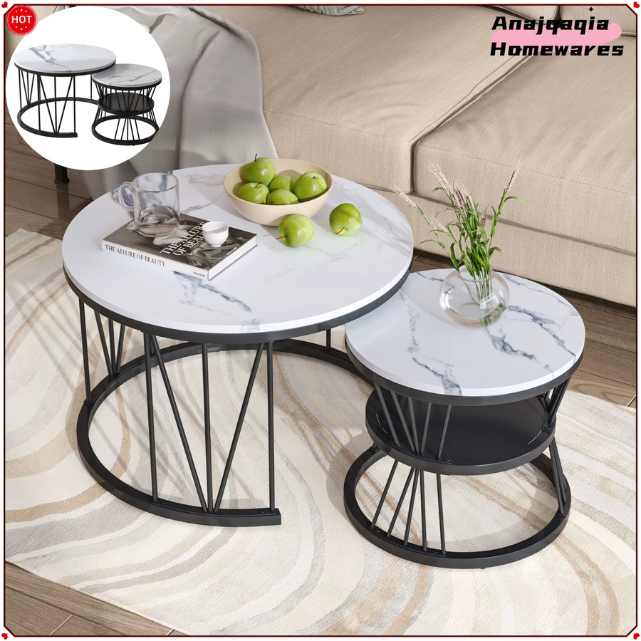 Anajqaqia 2-teiliges Couchtisch-Set mit rundem Couchtisch und Beistelltisch in Nesting-Optik, goldener Metallrahmen und offener Ablage für dein Wohnzimmer - Bild 2