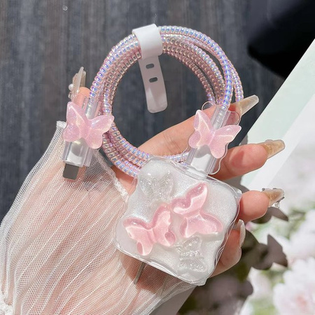 TAOYUNXI Ladekabelschutzhülle mit Schmetterling-Design in Rosa für iPhone Ladekabel und Kabelwickler-Set