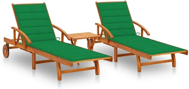 vidaXL Sonnenliegen Set aus Akazien-Massivholz mit Tisch und grünen Auflagen für Garten und Terrasse - Bild 1