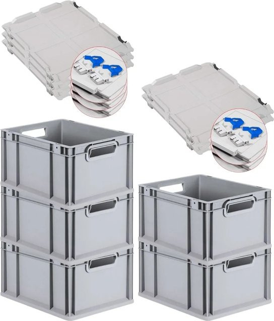 PROREGAL SuperSparSet 5x Eurobox NextGen Grip mit Scharnierdeckel und blauen Schiebeschnappverschlüssen, Grau, H: 22 cm, B: 30 cm, T: 40 cm - Bild 1