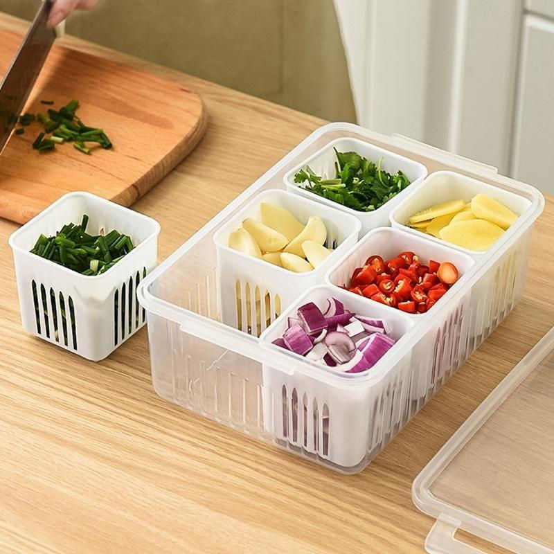 Durchsichtige Kühlschrank-Aufbewahrungsbox mit Abflusskorb für Obst, Gemüse und Fleisch, Weiß/Transparent - Bild 2