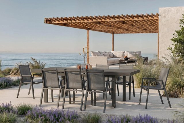 Hartman Aruba Garten-Essgruppe in Anthrazit aus Aluminium und Textilene mit ausziehbarem Tisch und 8 Stapelsesseln, Tisch B: 180-240 cm, T: 100 cm - Bild 1